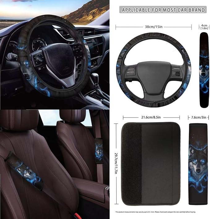 Wolf Flame Print Car Accessories Sets Wild Camo Car Seat Cover Steering Wheel Cover Seat Belt Pads Trash Cans Universal fit for SUV,Van,Saden,Truck Automobile Interior Sets, 15 Pcs, Black