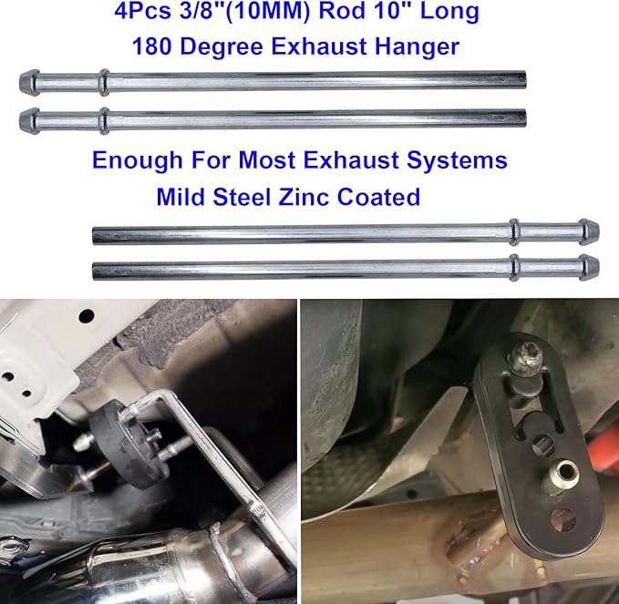 8PCS Exhaust Hanger Rod Set Heavy Duty 3/8"(10MM) Rod 4PCS 90°7.6" Long + 4PCS Straight 10" Long Exhaust Muffler Hanger Mild Steel Zinc Coated Car Automotive Replacement Clamp Flanges Parts