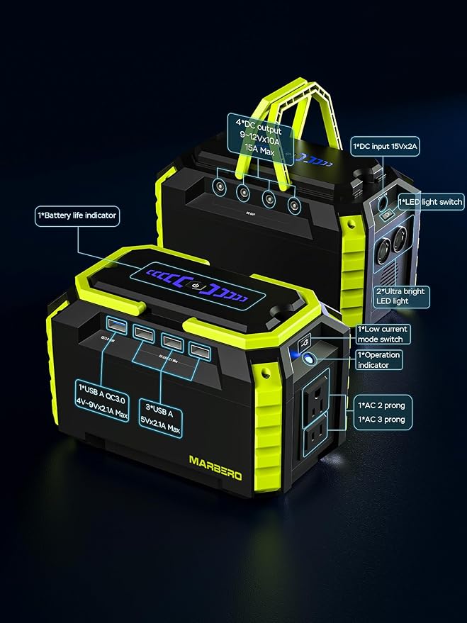 MARBERO Portable Power Station 150Wh Camping Solar Generator Laptop Charger Power Bank with AC Outlet 110V 150W Peak with 4*USB, 4*DC Ports, LED Flashlights for CPAP Home Camping Hurricane Emergency