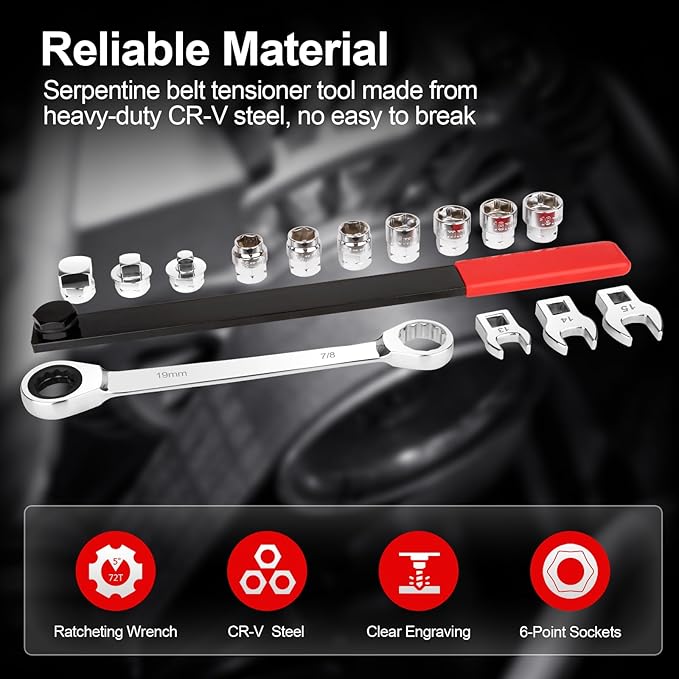 15PCS Serpentine Belt Tool Set, Professional Ratcheting Serpentine Belt Tensioner Tool for Removing and Installing Automotive Serpentine Belts