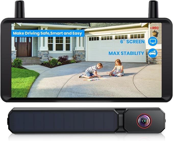 AUTO-VOX 6 Inch Solar Backup Camera Wireless: 1 Minute Install, 16:9 1080P HD Monitor, Dual Channel Split Screen, Clear Live View, DVR Recording, IP69K Waterproof Back up Camera for Car,Truck, Trailer