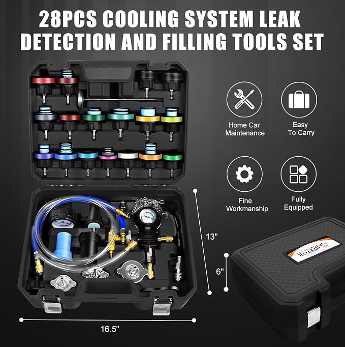 JIFETOR 28PCS Radiator Pressure Tester and Coolant Refill Tool Kit, Auto Cooling System Leakage Test and Pneumatic Vacuum Purge Filling Set Universal for Airlift Car Auto Truck