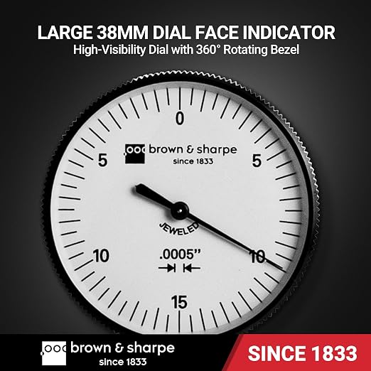 Brown & Sharpe Dial Test Indicator – 0.03" Range, 0.0005" Graduation, 6 Ruby Jewels, Satin Chrome Brass, 0-15-0 Dial, Professional DTI with Dovetail Clamp & Storage Case for Precision Measurement