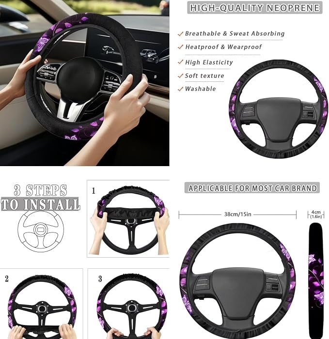 Purple Butterfly Car Seat Covers Full Set 12 Pack Car Steering Wheel Cover Auto Seat Belt Cover Center Console Cover Cars Coasters Gear Lever Cover for Most Cars, SUVs