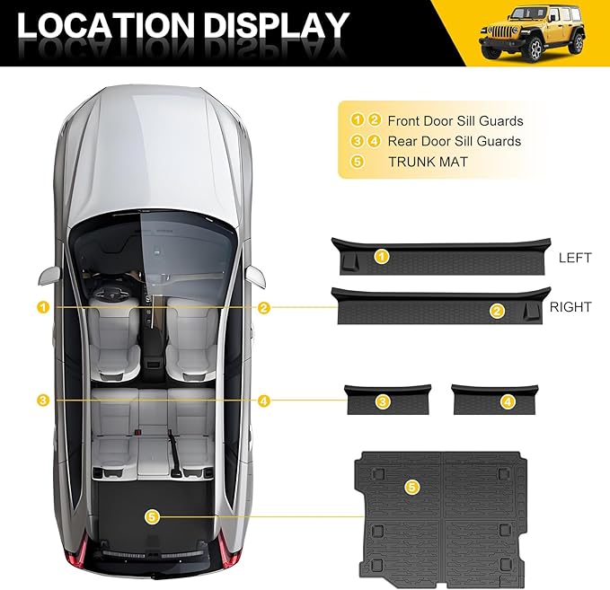 Trunk Mat with Door Sill Guards for 2018-2025 Jeep Wrangler JL Unlimited 4X4 Accessories All Weather Rear Trunk Liner Door Sill Protector for 18-25 JL JLU Gas Type 4 Door(Not for 4XE)