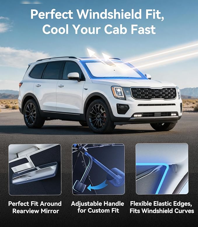 Nmoiss [Vinyl Coating Heat Shield] Windshield Sun Shade Umbrella Custom for Kia Telluride, Protect Car from Sun Rays & Heat Damage Keep Cool and Protect Interior