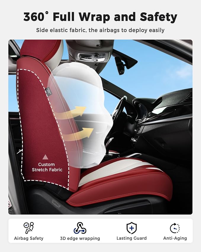 Huidasource Universal Car Seat Covers, Luxury Waterproof Faux Leather, Airbag Safe, Simple Installation, Stain Resistant, Ideal for Families and Pet Owners, Red & White