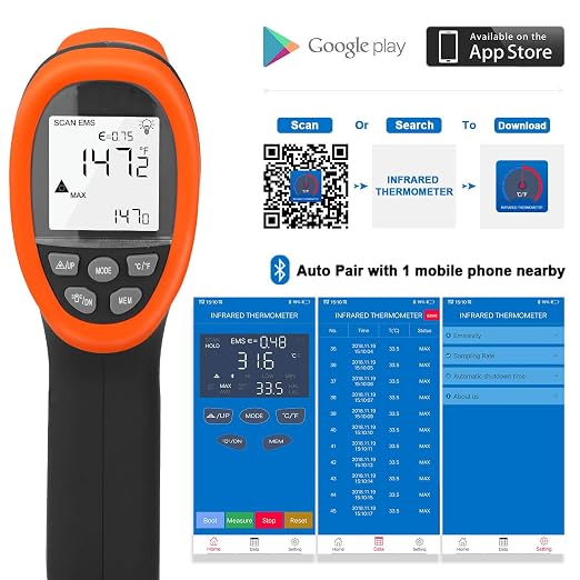 BTMETER BT-985CAPP Industrial Infrared Thermometer, 12:1 Distance Spot Ratio, Digital Non-Contact HVAC Laser Temperature Gun Test Temp -58℉~1472℉ for Kitchen Pizza Oven,NOT for Human
