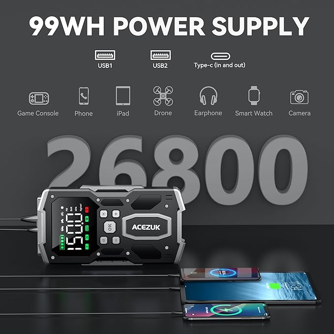 Portable Car Jump Starter with Air Compressor, ACEZUK 150PSI 8000A Jump Starter (All Gas/10.0L Diesel), 12V Battery Jump Box Car Battery Jumper Starter with 3.4" LCD Display, 2 Lights