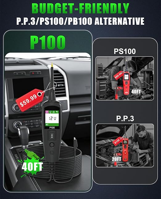 Circuit Tester Automotive, Power Circuit Probe Tester, Test Light Automotive with 40FT Cable, Car Fuse Tester, AC DC 12V 24V Car Diagnostic Tool, P100