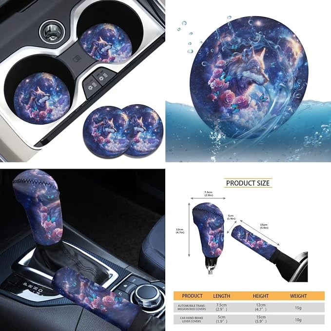 Tupalatus Purple Wolf 9 Pcs Cute Car Seat Covers with Steering Wheel Cover Auto Seat Belt Cover Coasters Gear Shift Cover Hand Brake Cover Car Accessories Set for Men
