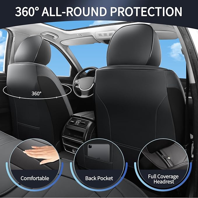 Car Seat Covers,5 Seats Automotive Seat Covers,Breathable Car Seat Protector Waterproof Leather Car Seat Covers for SUV, Sedans and Trucks，Luxury Full Wrapping Edge Seat Covers,Black