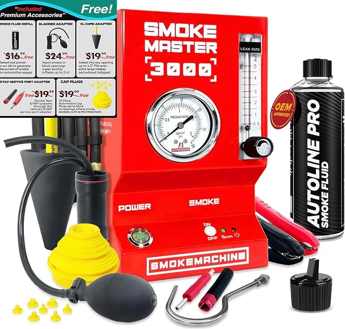 *2025 NEW MODEL* Automotive High Volume Smoke Machine with Best Ranked Smoke Fluid - EVAP Leak Detector with Built-in Air Compressor - Model 3000 – EVAP Vacuum Exhaust Smoke Detector Tools Kit - Red