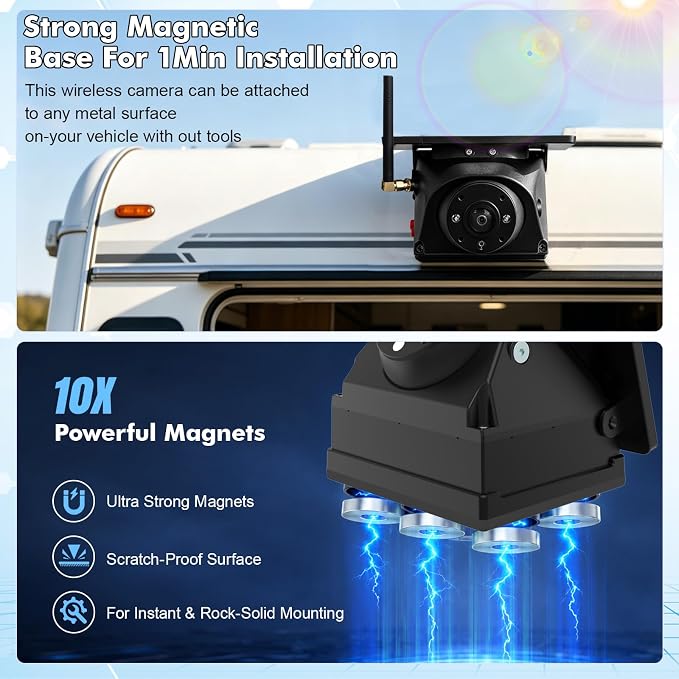 Portable Wireless Backup Camera Magnetic Solar WiFi Rear View Camera for RV | 1080P HD Night Vision AI BSD Detection Alert 9600mAh Battery No wiring Phone App Control Adjustable Camera for Truck Trailer