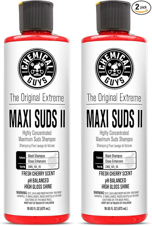 Chemical Guys CWS_101_16 Maxi-Suds II Foaming Car Wash Soap (Works with Foam Cannons, Foam Guns or Bucket Washes) Safe for Cars, Trucks, Motorcycles, RVs & More, 16 fl oz, Cherry Scent (Pack of 2)