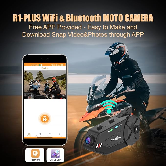 FreedConn Motorcycle Helmet Headset with Camera R1plus Helmet Intercom 1080P WiFi Motorcycle Communication Systems with CVC Noise Cancellation/Music Sharing /IP65 Waterproof(Comes with 64G TF Card)