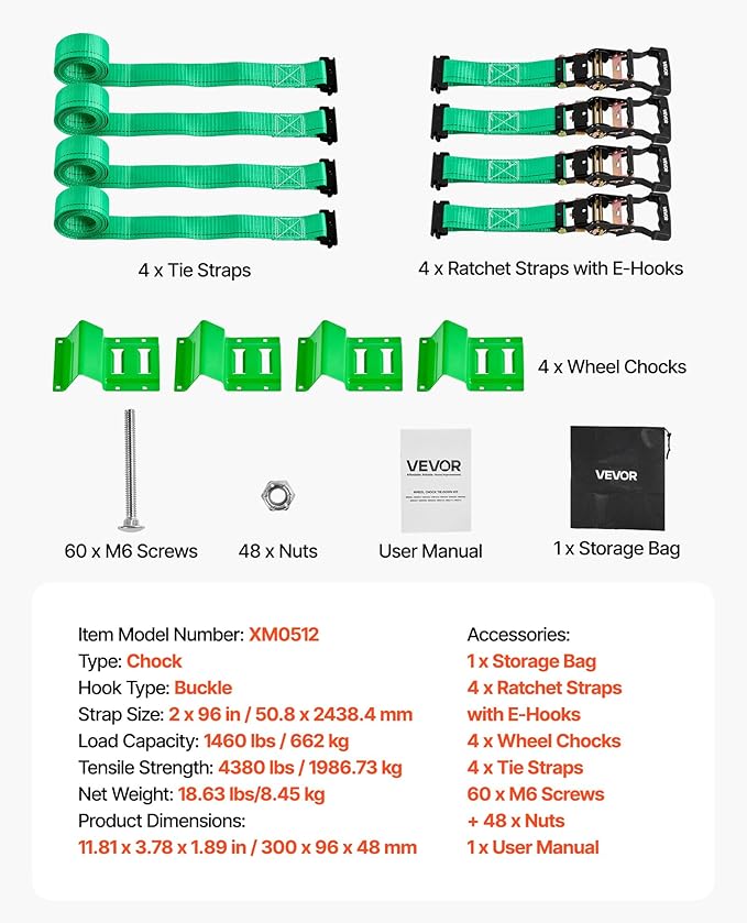 VEVOR Wheel Chock Tie-Down Kit, Chock-Style Trailer Strap, Car Kit with Buckle, Break Strength 4380 lbs & Working Load 1460 lbs Motorcycle Tie-Down System E-Hooks for ATVs, UTVs
