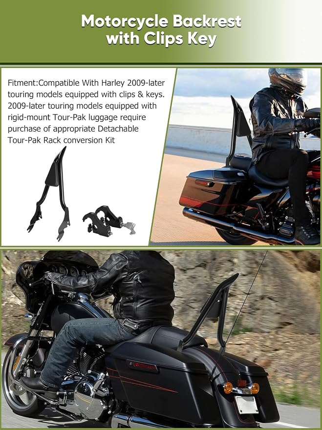28" Motorcycle Backrest Sissy Bar Rear Passenger Backrest with Pad Locked Rotary Docking Latches Clips Keys Fit for Harley Touring Road King Road Glide Street Glide Electra Glide 2009-2025