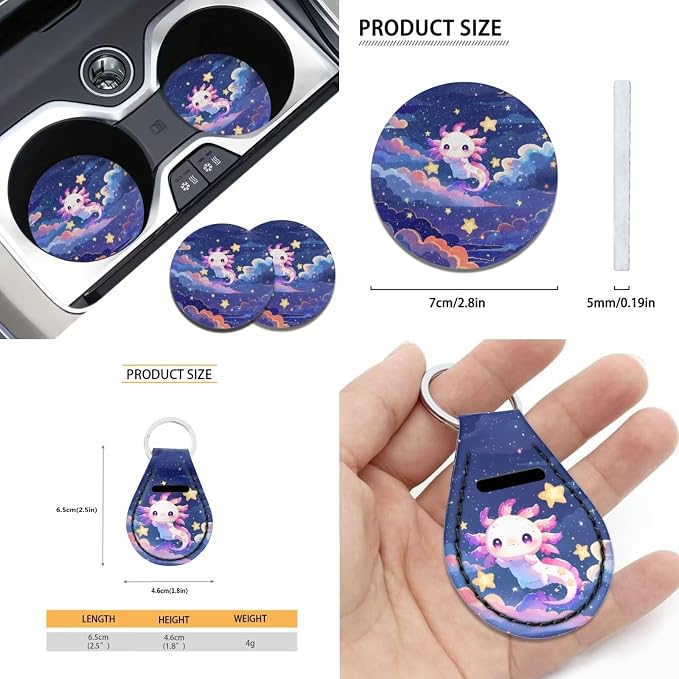 Xoenoiee Cute Axolotl Galaxy Print 11 Pcs Car Accessories with Front & Rear Auto Seats Covers, Steering Wheel Cover, Seat Belt Pads, Cup Coaster, 2 Pcs Keyrings - Universal Fit