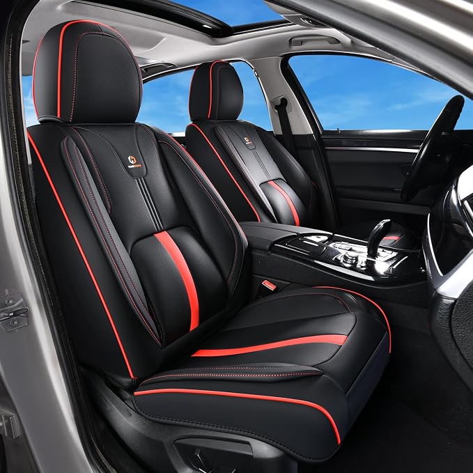 Huidasource Seat Covers Luxury Nappa Leather, Car Seat Cover with Velcro Adjustable, Airbag, Lumbar Support, Cooling and Heating, Seat Covers Full Set Universal Fit for Most Cars SUV Trucks, Black&Red