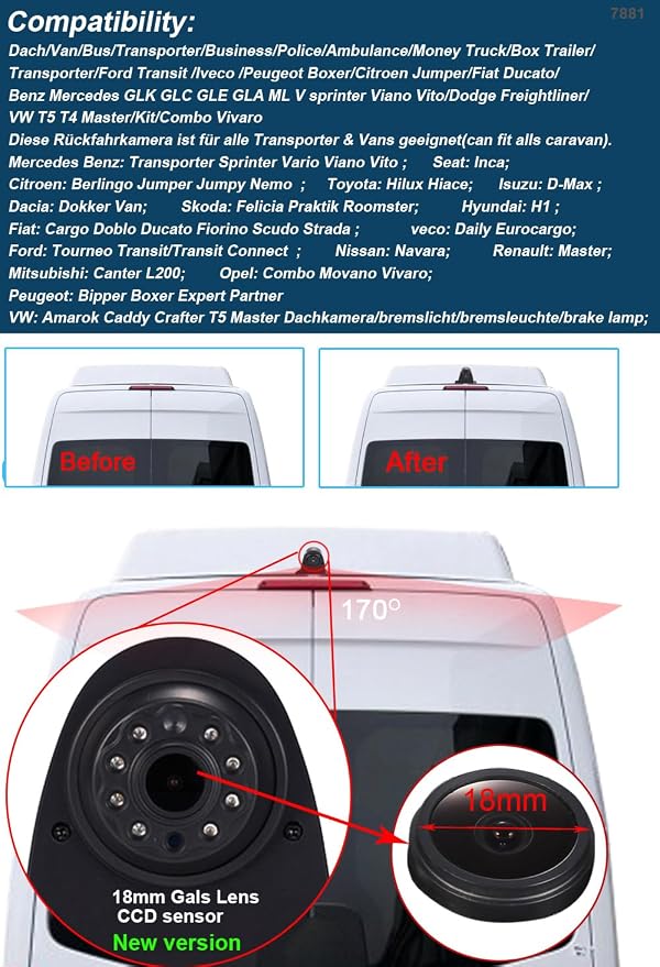 3rd Brake Light Reverse Camera Parking Camera for VW Crafter T5 Sprinter vito Viano Citroen Dacia Fiat Ford Hyundai Isuzu Iveco Mitsubishi Nissan Peugeot Seat Skoda Toyota
