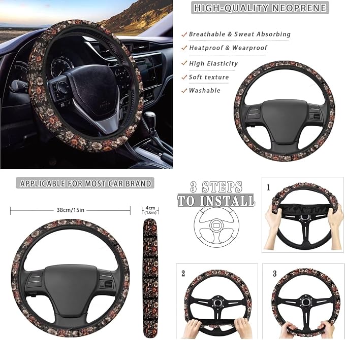 Mushroom Butterfly Flower Pattern Car Seat Covers Full Set, 10Pcs Car Accessories Steering Wheel Cover + Keychain + Coasters + Car Trash Bin + Air Vent Pounch Bag for Women Men
