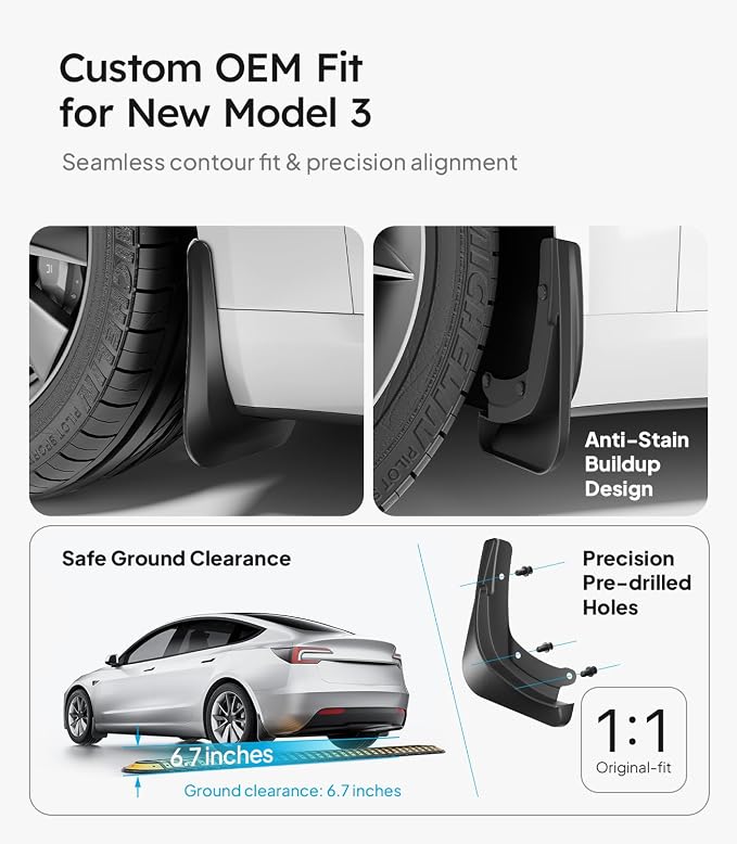 Wigoo 2026 New Tesla Model 3 Accessories Mud Flaps [Stay Clean, Protect Paint] All Weather Splash Guards with Install Kit, for Model 3 2024 2025 2026 Highland, Upgraded Version, Black (Set of 4)