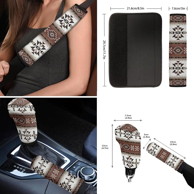 Wanyint Car Seat Covers Full Set 12 Pieces, with Steering Wheel Seat Belt Covers Armrest Pad Handbrake Gear Shift Knob Cover Cup Coaster Universal Fit, Southwest Aztec Dark Brown