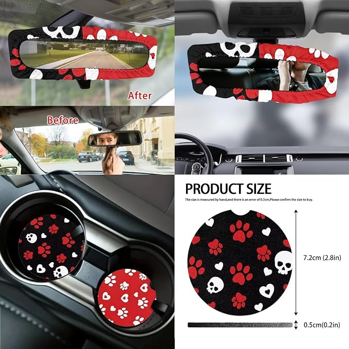 Skull Love Print Car Seat Covers Full Set Dog Paw Print Car Seat Covers Front and Back Full Set with Steering Wheel Cover Armrest Cushion Safety Belt Pads Garbage Bag Cup Coasters