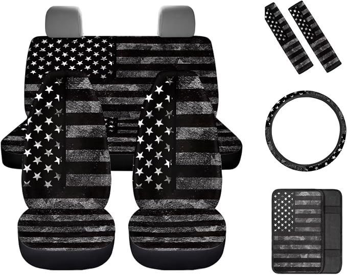 8 Pcs Gray American Flag Car Accessories Set, Car Seat Covers Full Set with Auto Steering Wheel Cover Center Console Pad Seat Belt Covers, Patriotic Decorations