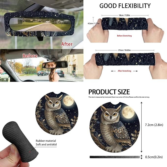 Moon Owl 15 PCS Car Seat Cover Set with Auto Steering Wheel Cover Seat Belt Strap Protector Cup Holder Trash Bag Rear View Mirror Protector Keychain