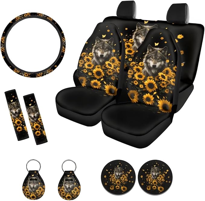 Xoenoiee Wolf Sunflower Black Pattern Car Seat Covers and Accessories, Front Rear Seat Covers, Steering Wheel Cover, Seat Belt Pads, Coasters, Keychains for Car SUV Decor, 11 PCS Set