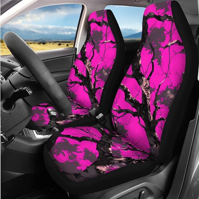 8 Pcs Pink Branches Prints Car Interior Accessories Set for Women, Car Seat Covers Full Set with Auto Steering Wheel Cover Auto Center Console Pad Seat Belt Covers