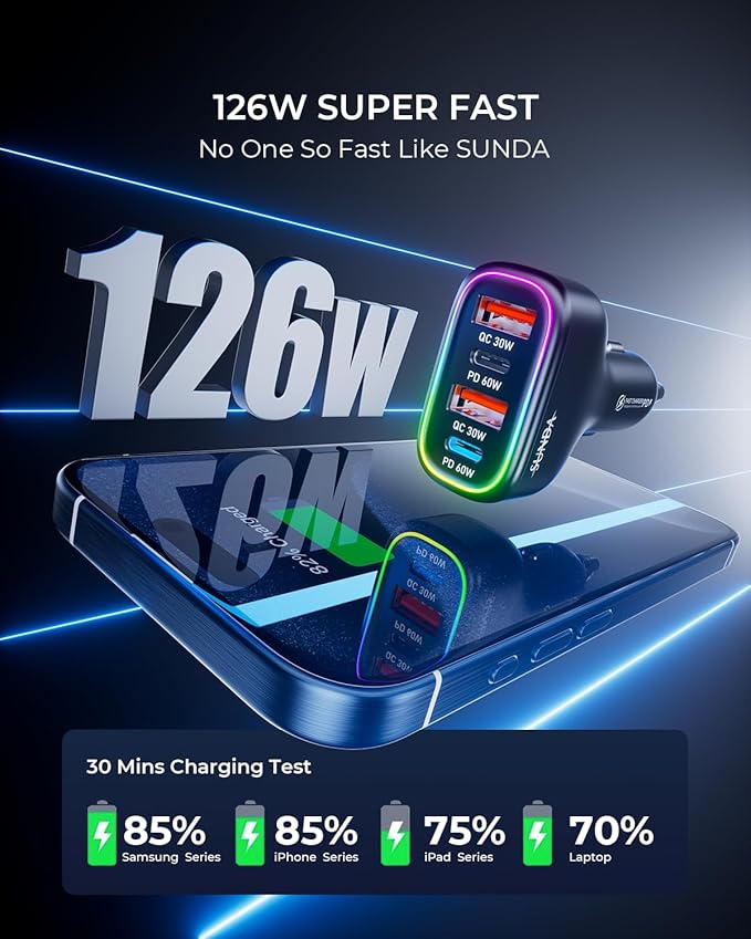 USB C Car Charger, 126W [Dual PD60W&QC30W] Cigarette Lighter USB Car Charger Adapter Fast Charging 4 Ports Car Phone Charger for iPhone 17/16/15/14/13, Samsung Galaxy S25/S24Google Pixel Laptop