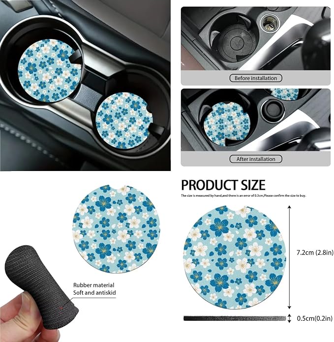 White Blue Cherry Blossom Pattern Car Accessories Car Seat Covers Full Set with Steering Wheel Covers+Seat Belt Pads+Coasters+Keychain+Lipstick Holder Universal Fit(13 Pack)