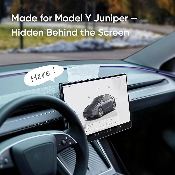 TEMAI 2-in-1 Behind Screen Organizer for 2025 Tesla Model Y Refresh Juniper, Magnetic Tissue Box & Flocked Sunglasses Drawer, Sensor-Safe Anti-Rattle Tray, Matte Black