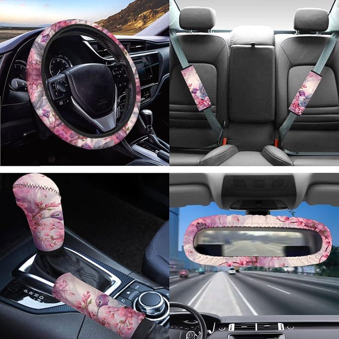 14 Pcs Pink Hummingbird Car Seat Cover Accessory Full Set,Neoprene Steering Wheel Cover/Mirror Cover/Gear Shift Knob&Handbreak Cushion/Coaster/Key+Auto Interior Accessory Protection