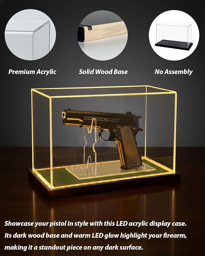 Premium Acrylic Pistol Display Case with Amber Yellow LED Light, Solid Wood Base & Built-in Stand | UV Resistant Pistol Display Box for Gun Collector, Fits Most Pistols - 12" x 5.3" x 7.5"