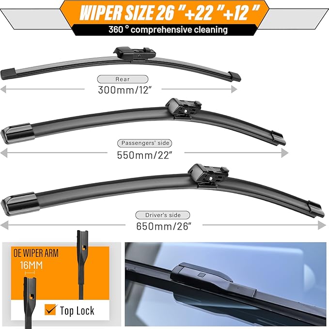 OEM Windshield Wiper Blade Replacement for VW Volkswagen Atlas 2018 2019 2020 20221 2022 2023 2024 Original Equipment All-Season Rear Wiper Blade Set 26+22+12 (Set of 3)