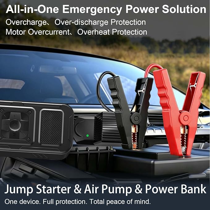 1000A Portable Car Jump Starter with Air Compressor, 150PSI Smart Tire Inflator for Cars, Trucks & SUVs, 12V Battery Booster with LCD, USB-C Fast Charging, LED Emergency Light &