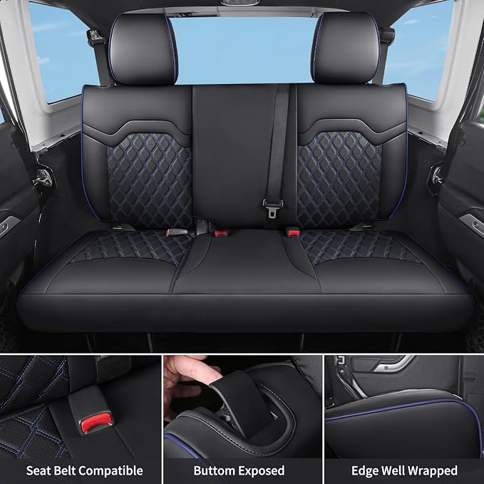 Huidasource for Jeep Wrangler JK Seat Covers 2 Door 2007-2017, Custom Fit Leather Seat Covers for Wrangler 2-Door Sport Rubicon Sahara Freedom Willys (Full Set/Black&Blue)