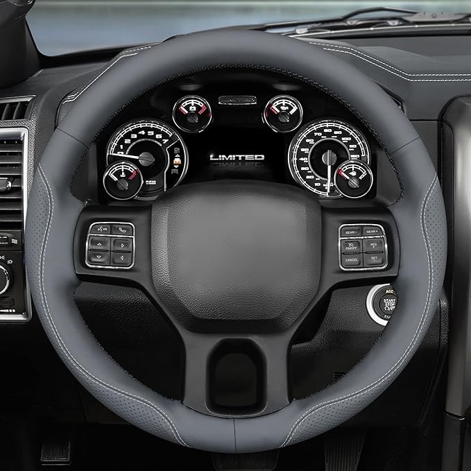 MEWANT DIY Hand Stitch Steering Wheel Cover for Dodge Ram 1500 2500 3500 2004-2008 Grey Faux Leather Steering Wheel Wrap