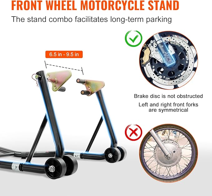 vevor Motorcycle Stand Lift 850lbs Front Rear Combo Stand Lift Stand Front Wheel Fork Stand Rear U+L Fork Swingarm Spool Stand Compatible with Most Yamaha Honda Kawasaki Suzuki Motorcycles Black
