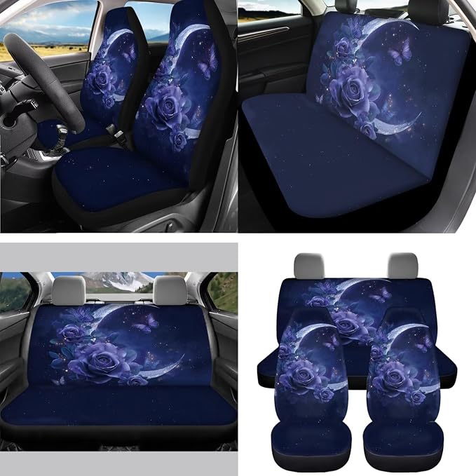 Deep Purple Moon Butterfly Car Seat Covers Full Set 15 Pcs Universal Car Accessories Steering Wheel Cover Seat Belt Pads Garbage Bag Car Headrest Pillow Covers Armrest Pad