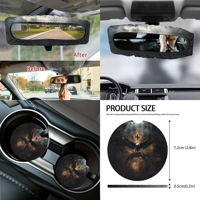 14Pcs Car Seat Covers Full Set Eagle Fire Cross Print Car Front Back Seat Covers with Steering Wheel Cover Armrest Cushion Safety Belt Pads Rearview Mirror Cover, Easy to Install