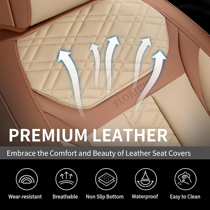FLORICH Seat Covers, Atomutive Car Seat Covers Full Sets, Waterproof Seat Cover for Cars, Luxury Leather Universal Seat Cover Accessories Fit for Most Cars SUV Truck Sedans(Beige)