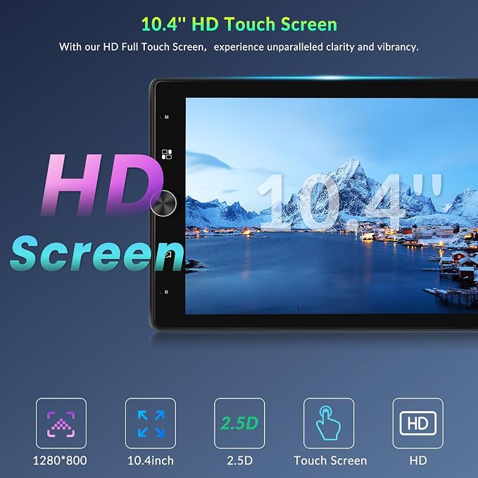 10.4" Single Din Touchscreen Car Stereo with Wireless Carplay& Android Auto, Adjustable Car Radio with Bluetooth, Mirror Link, FM Radio, Subwoofer, SWC, Backup Camera