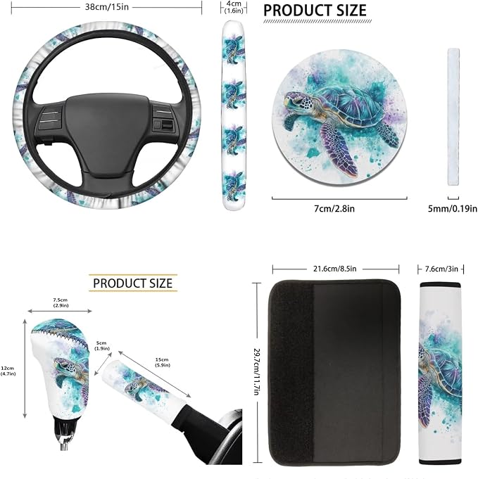 Tupalatus Turtle Car Seat Covers Set,Steering Wheel Cover+Gear Shift Knob Cover+Car Handbrake Cover+Seat Belt Shoulder Pads+Car Coaster Full Set 9, Auto Interior Accessories