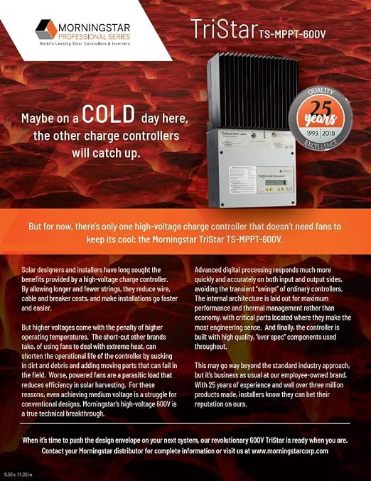 Morningstar Tristar MPPT 600V Solar Charge Controller w/ Disconnect Box (TS-MPPT-60-600V-48-DB) - Intelligent High Voltage Solar Panel Regulator for LA/Li Batt. 97.9% Effic. Data/Comms