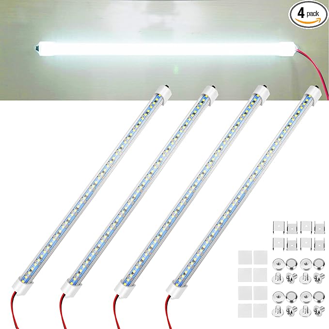 Rifachua Car 12V Interior LED Light Bar 48 LEDs Strip Lights with Switch and Magnets 6500K White Light for Car Van RV Cabinet Showcase Indoor Room Home 4 PCS Extendable